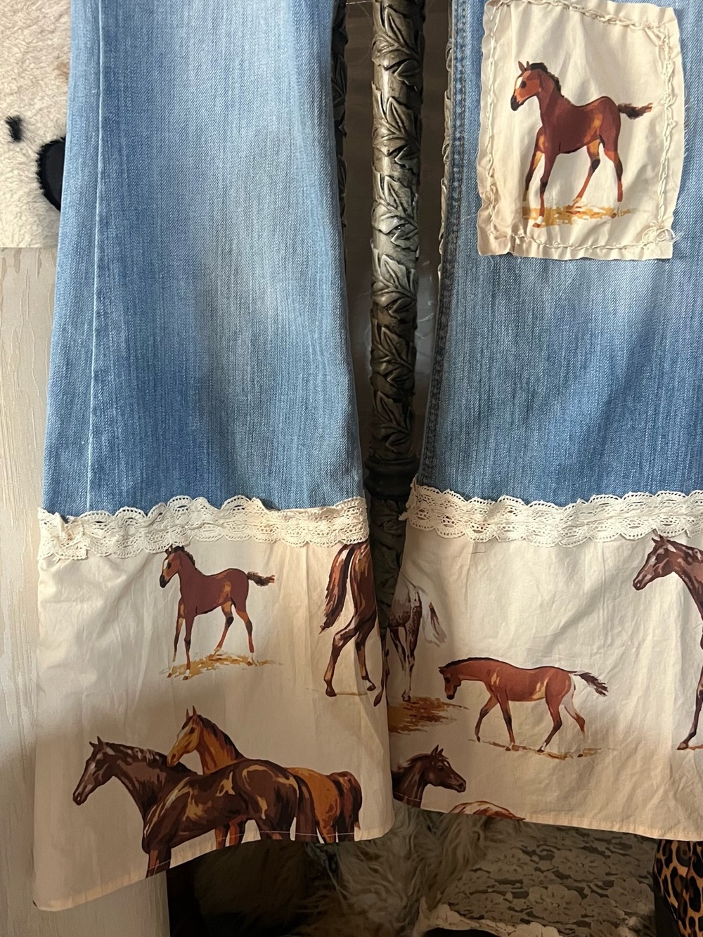Upcycled Light Blue Flare Jeans with Horse Patch & Lace Trim - Picture 2 of 11